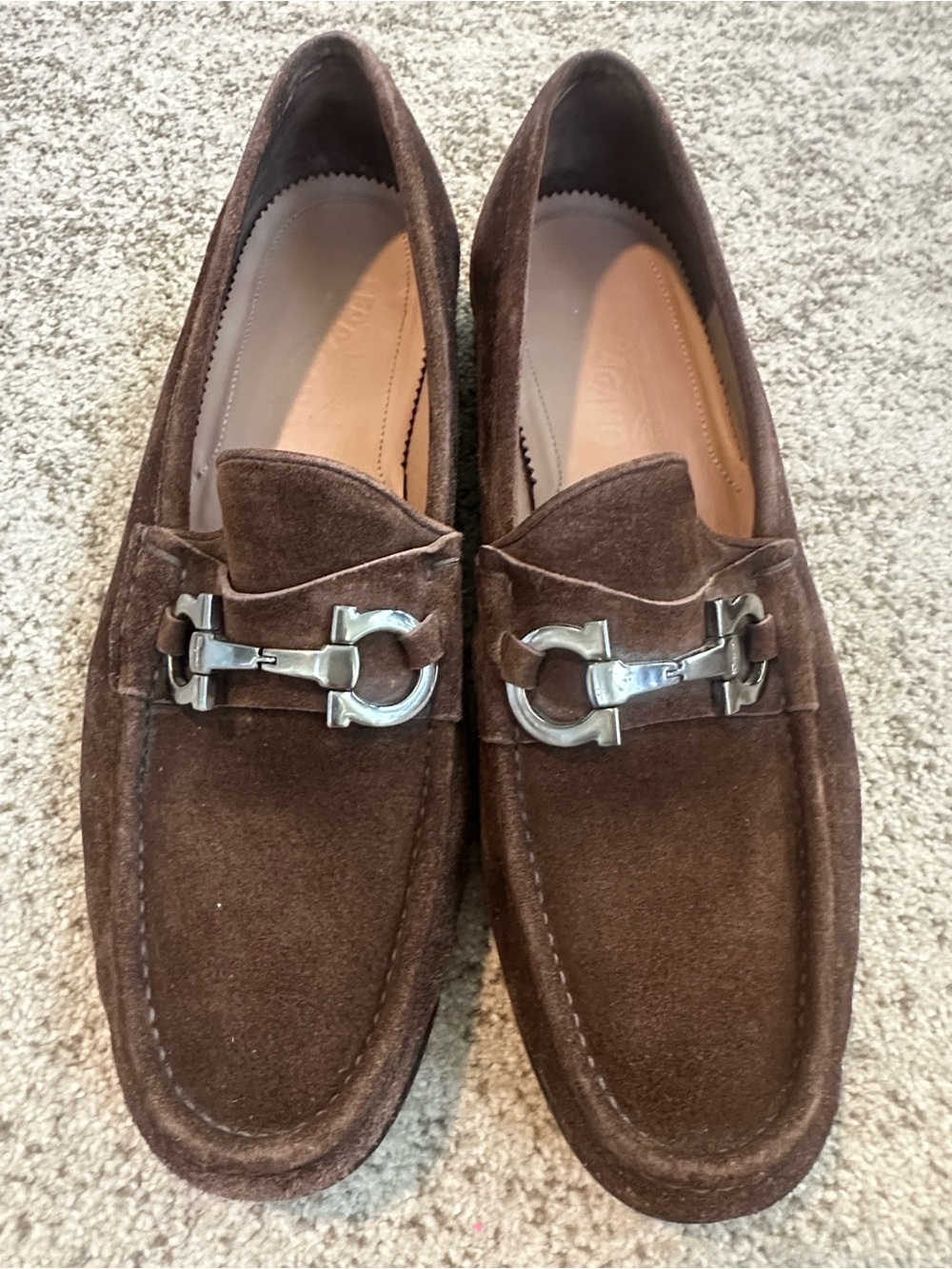SALVATORE FERRAGAMO Mens Brown Suede Gancini Loafers 11.5